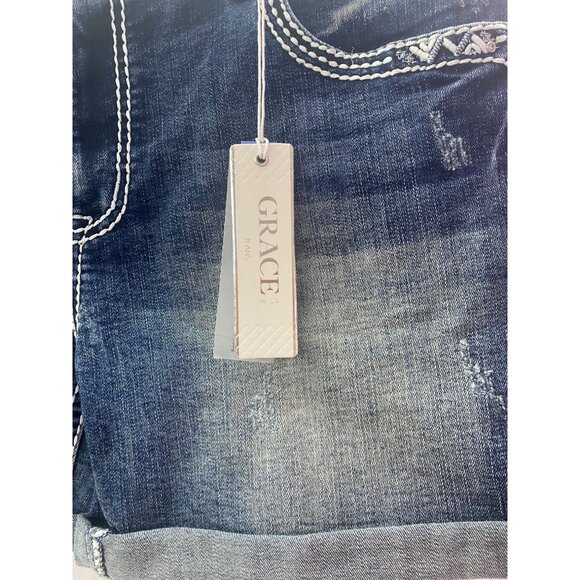 Nwt Grace in LA Women's Embellished Pocket Denim SZ 32 Easy Fit Distressed Short - Picture 2 of 15